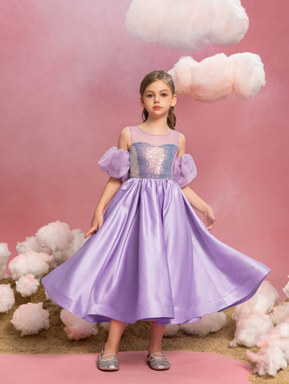 Puff-Sleeve Sequin A-Line Satin Midi Tween Girls' Party Dress in Purple