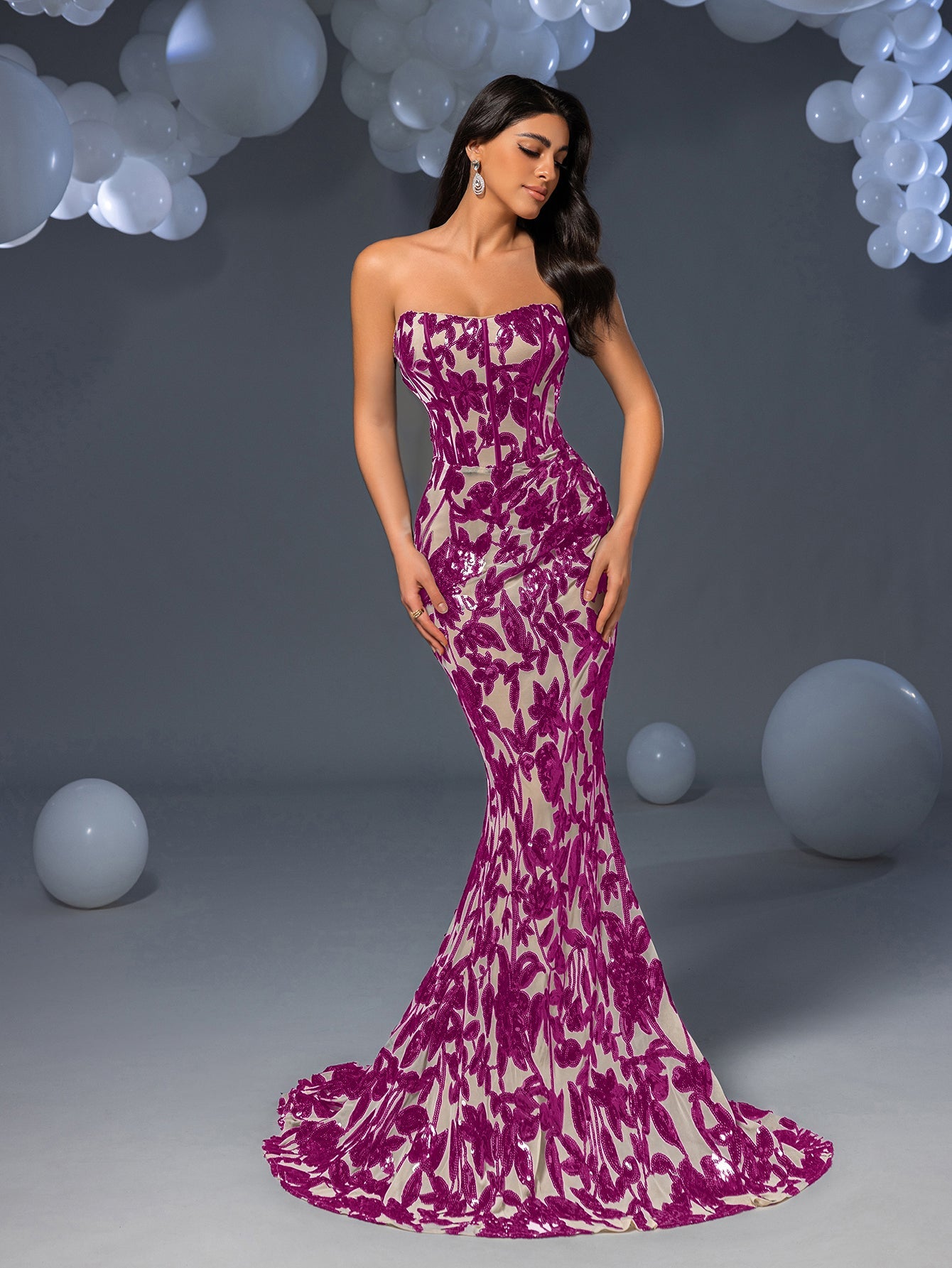 Elegant Strapless Mermaid Hem Floral Sequin Formal Evening Dress