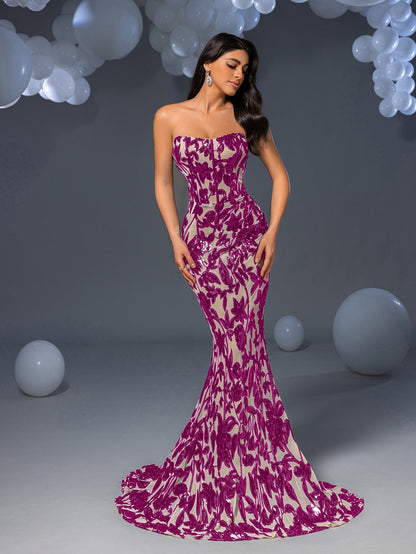 Elegant Strapless Mermaid Hem Floral Sequin Formal Evening Dress