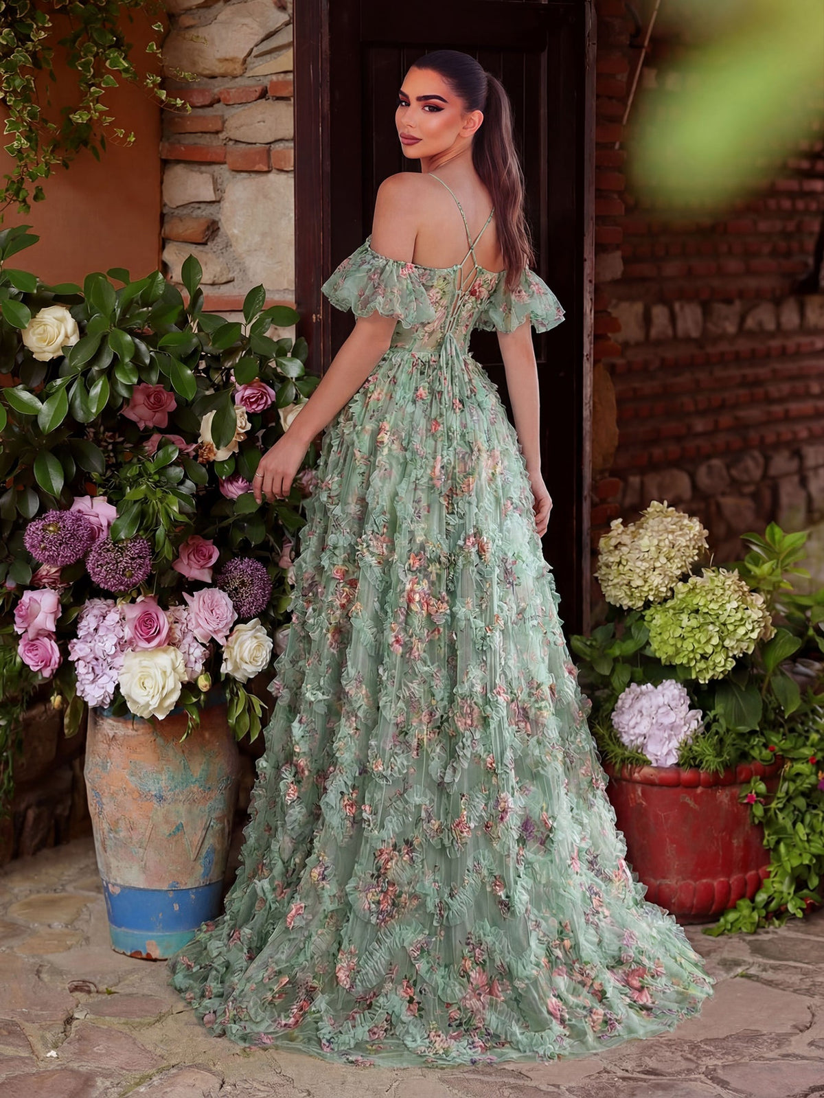 Floral Tulle Off Shoulder Cascading Ruffle Hem Slip Prom Dress