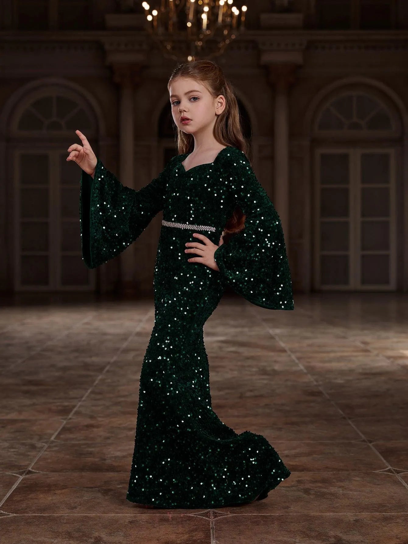 Additional product view of Bell-Sleeve Sweetheart-Neck Sequin Mermaid Maxi Tween Girls' Party Dress