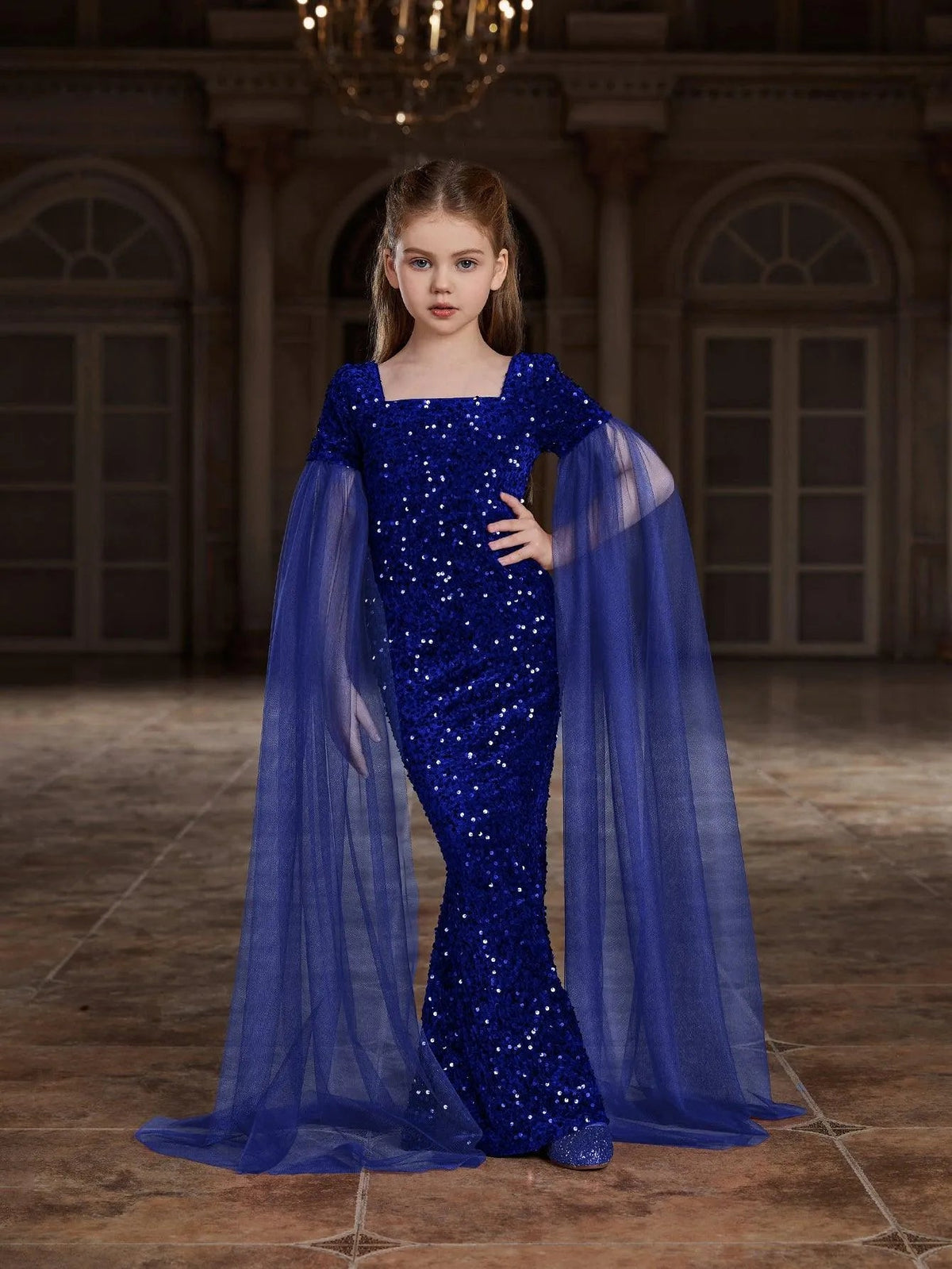 Alternate view of Cloak-Sleeve Square-Neck Sequin Mermaid Maxi Tween Girls' Party Dress in Royal Blue