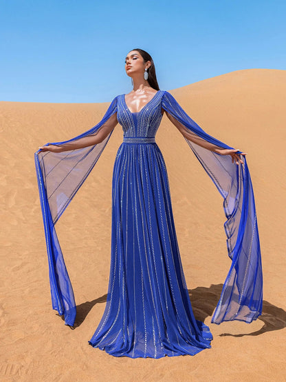 Luxury Gorgeous Rhinestone Detail Plunging Neck Cape Sleeves Formal Prom Dress – view 14