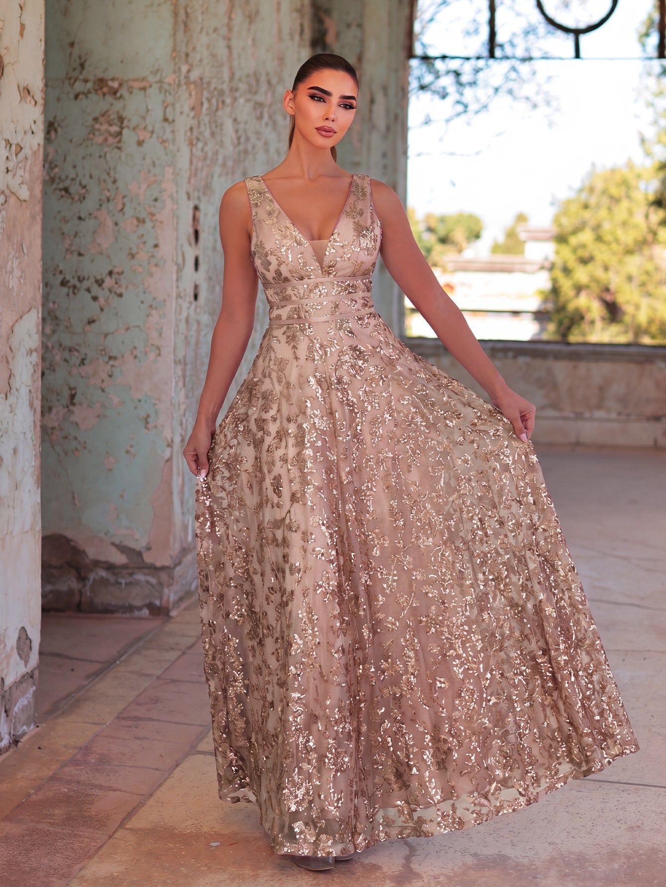 Plunging Neck Sleeveless Embroidered Sequin Dresses