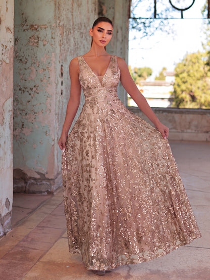 Plunging Neck Sleeveless Embroidered Sequin Dresses