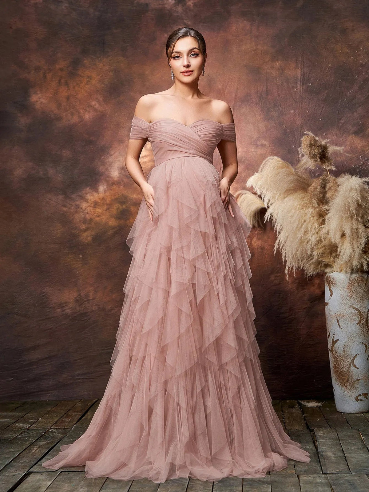 Maternity Off-Shoulder Tulle Short-Sleeve A-Line Evening Gown — authorized product image 1