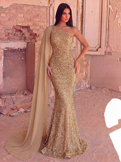 Elegant Sequin One Shoulder Sash Prom Dresses