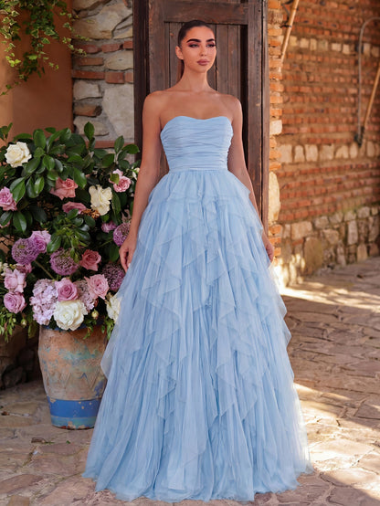Elegant Strapless Mesh Overlay Formal Party Dress