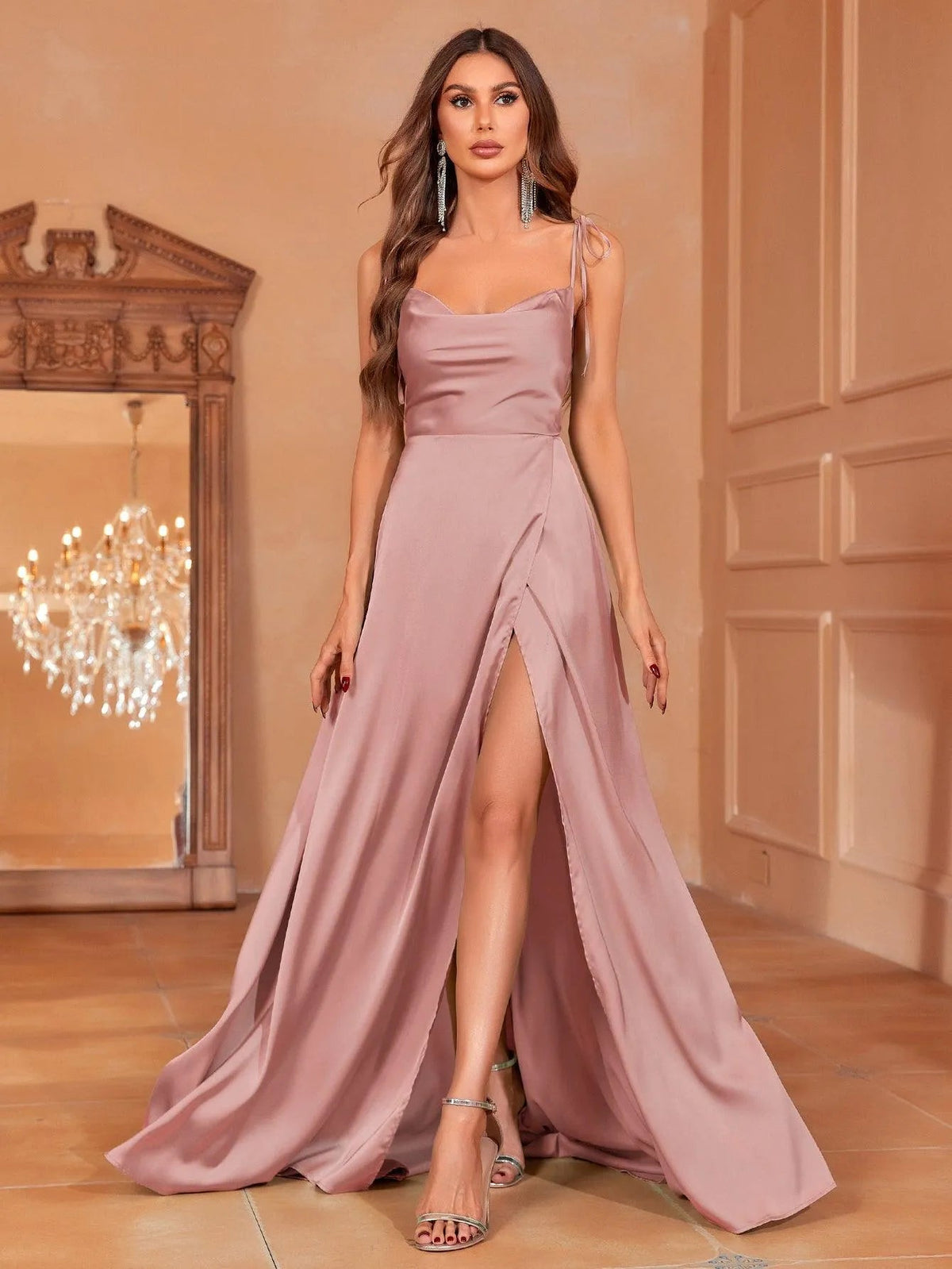 Elegant Tie Shoulder Satin Bridesmaid Dress – view 13