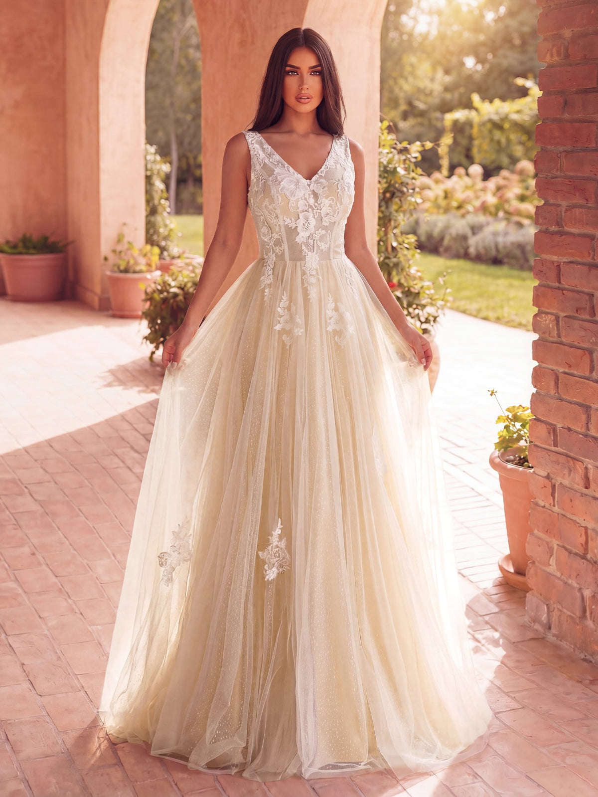 Plunging Lace Sleeveless A-Line Wedding Gown — authorized view 3