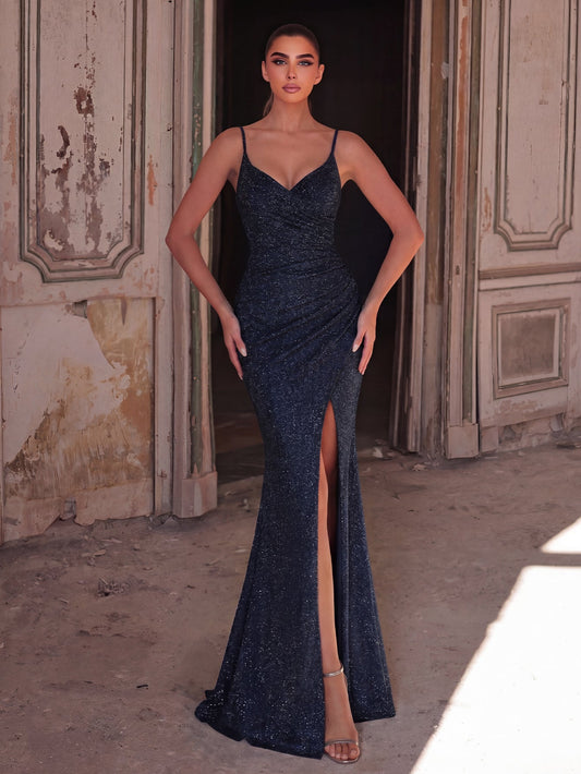 Spaghetti Strap Backless Mermaid Sleeveless Maxi Evening Gown in Navy blue