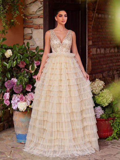 Plunging Sequin Ruffle Sleeveless A-Line Evening Gown — authorized product image 1
