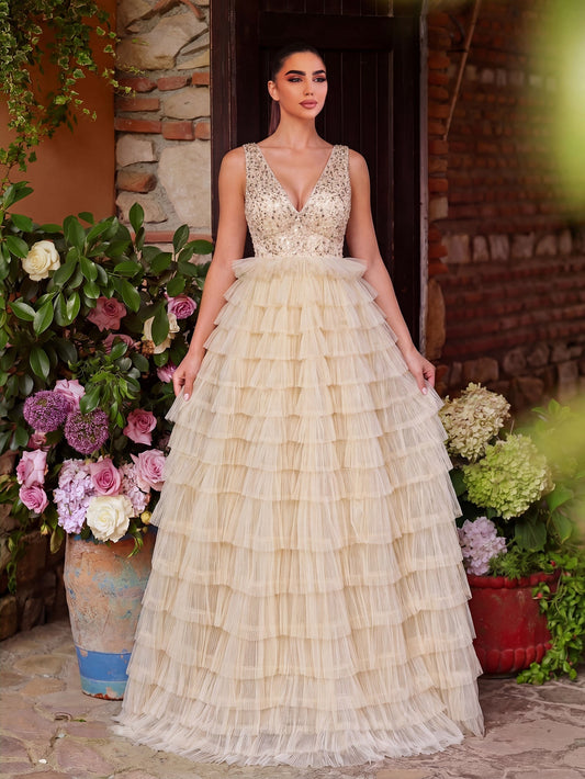 Plunging Sequin Ruffle Sleeveless A-Line Evening Gown — authorized product image 1