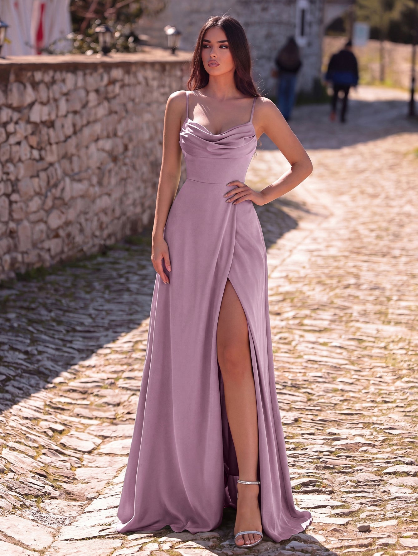 Cowl Neck High Slit Sleeveless A-Line Evening Gown in Mauve