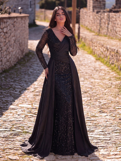 Sequin Evening Gown with Sheer Long Sleeves, Deep V-Neck & Back V-Cut | Elegant High Slit Formal Dress for Special Occasions
