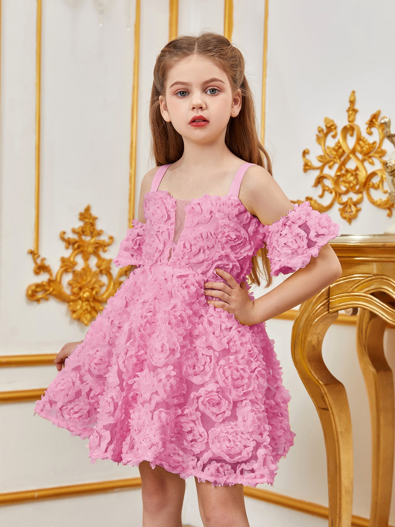 Additional product view of Floral Appliqué Cami Strap Off-Shoulder A-Line Short-Sleeve Tween Girls' Party Dress