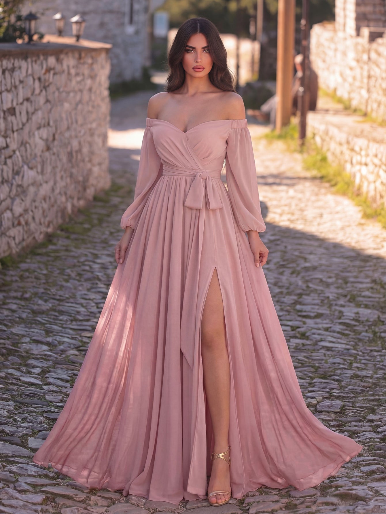 High-Slit Belted Off-Shoulder Chiffon A-Line Maxi Formal Dress in Mauve
