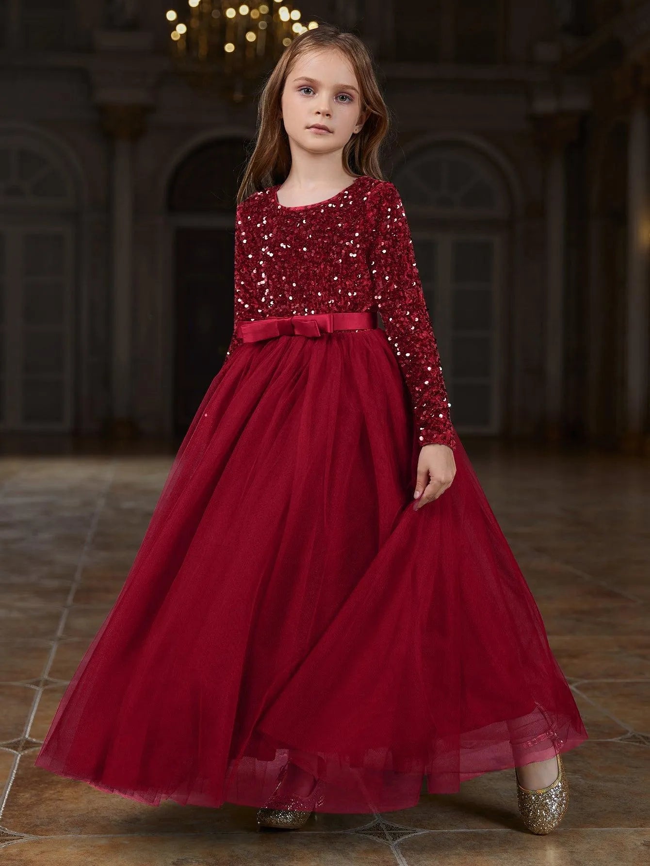 Additional product view of Sequin A-Line Long-Sleeve Mesh Maxi Tween Girls' Party Dress