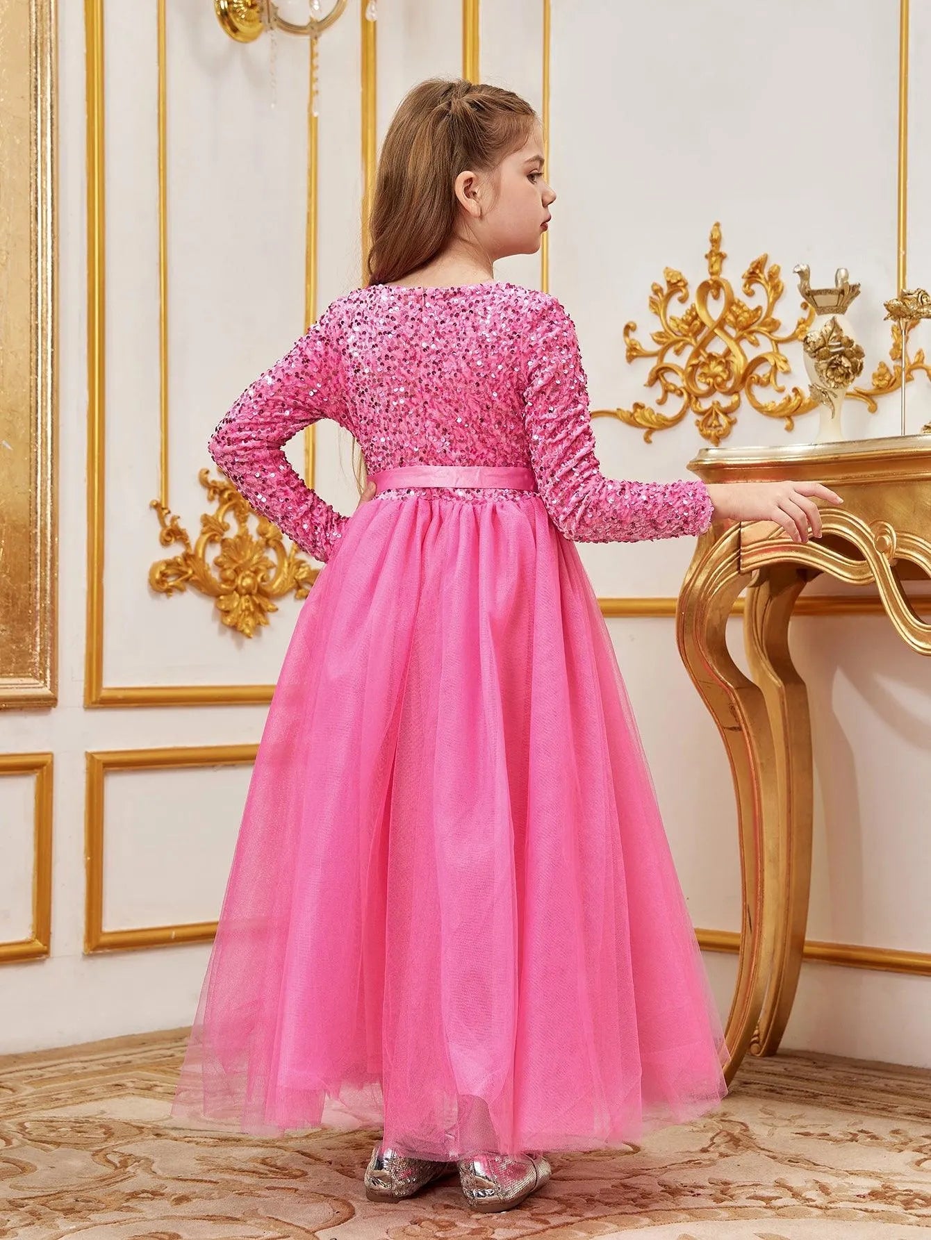 Additional product view of Sequin A-Line Long-Sleeve Mesh Maxi Tween Girls' Party Dress