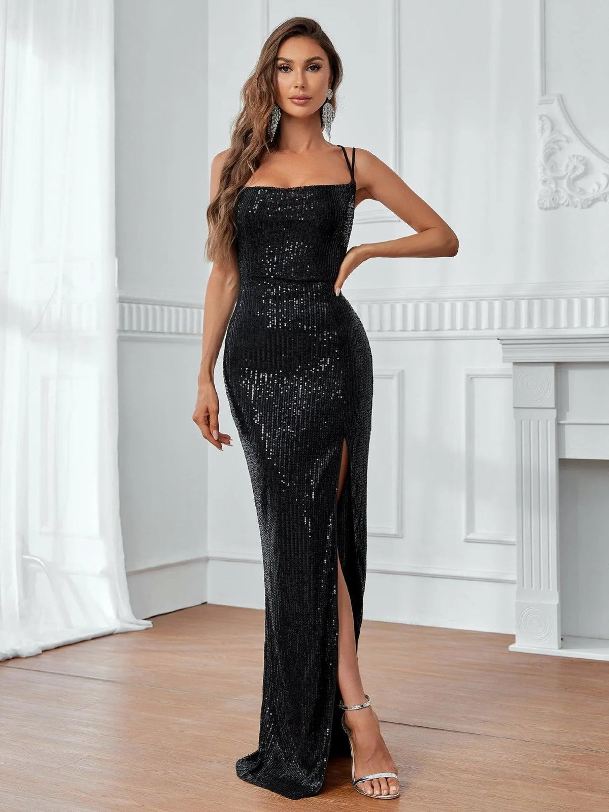 Square Neck Sequin Sleeveless Sheath Evening Gown — authorized product image 1