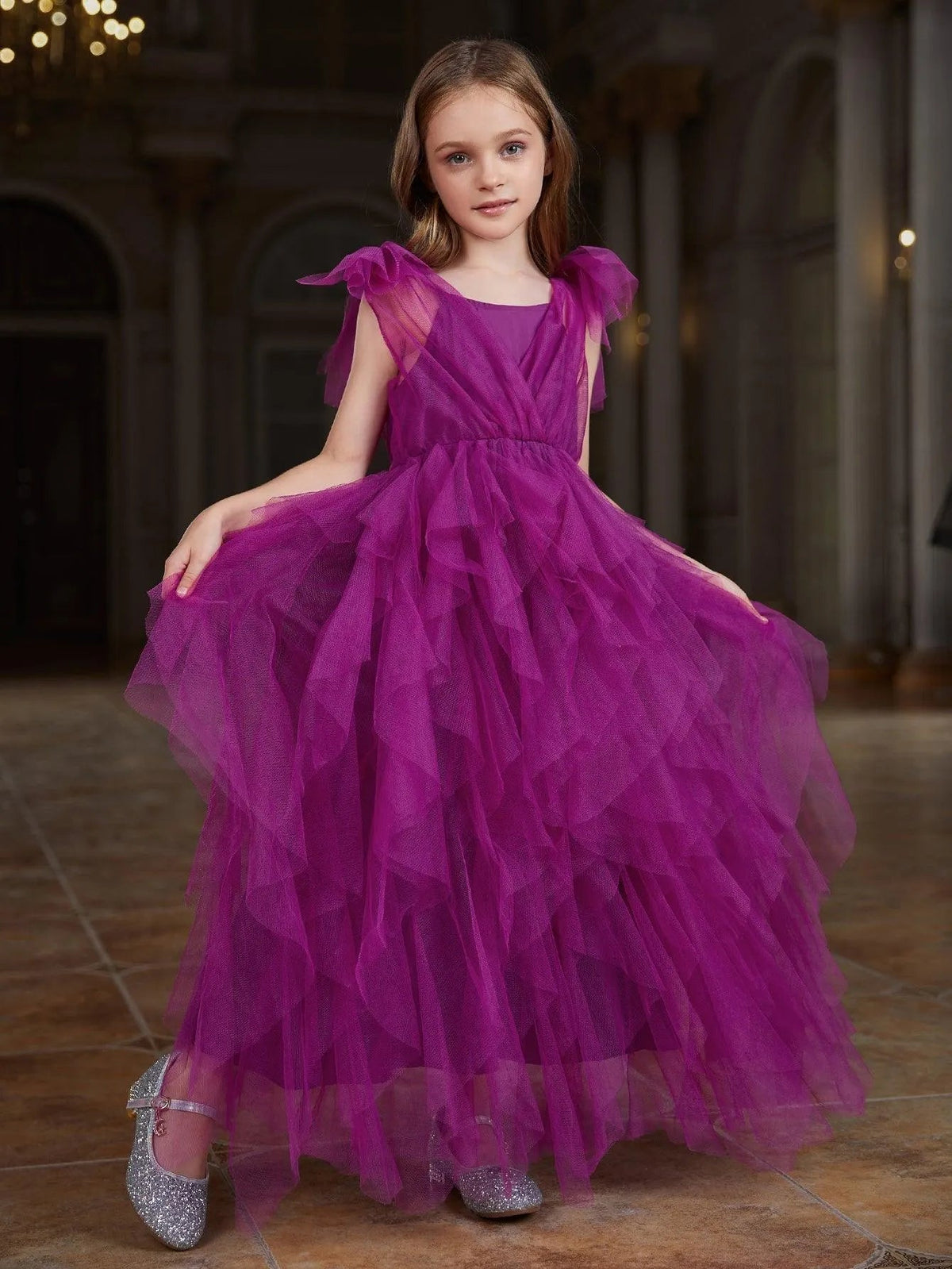 Mesh Overlay A-Line Sleeveless Maxi Tween Girls' Party Dress in Purple