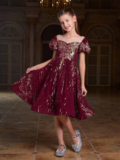 Additional product view of Puff-Sleeve Sequin A-Line Midi Tween Girls' Party Dress