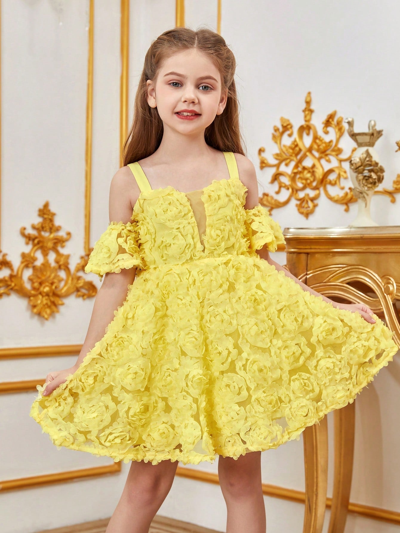 Additional product view of Floral Appliqué Cami Strap Off-Shoulder A-Line Short-Sleeve Tween Girls' Party Dress