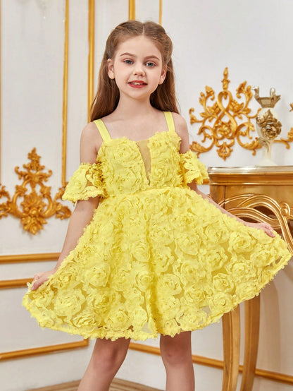 Additional product view of Floral Appliqué Cami Strap Off-Shoulder A-Line Short-Sleeve Tween Girls' Party Dress