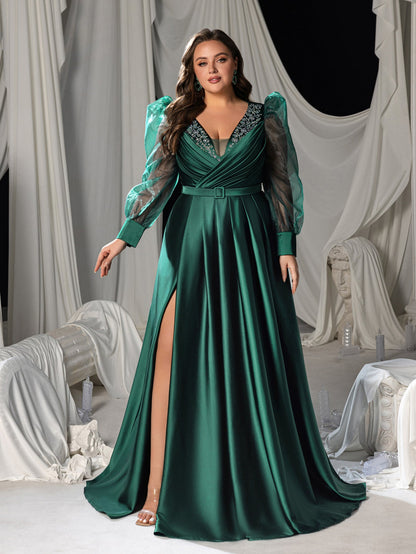 Plus-Size V-Neck Satin Puff-Sleeve A-Line Evening Gown — authorized product image 1