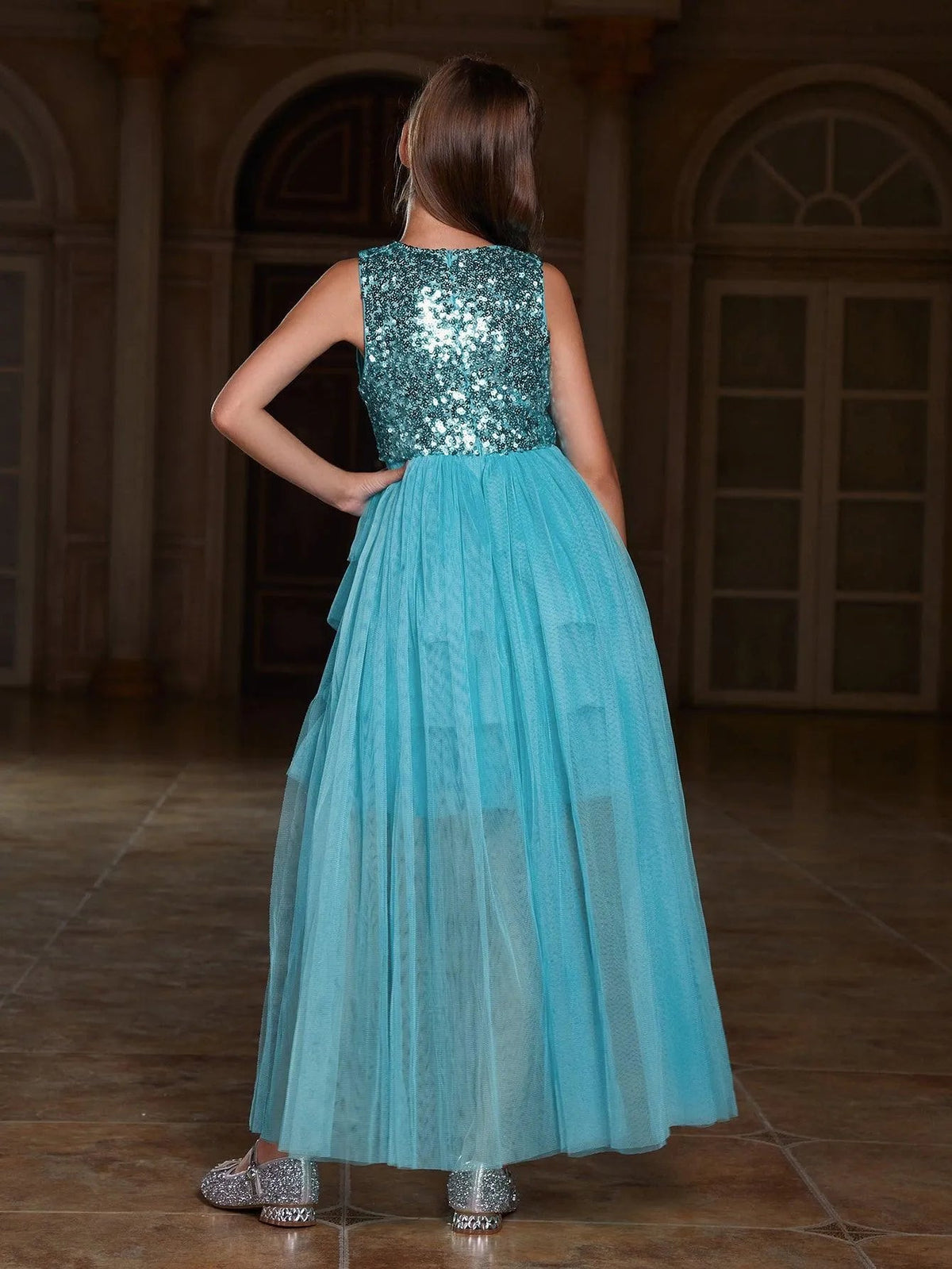 Additional product view of Layered Hem Sequin A-Line Sleeveless Mesh Round Neck Tween Girls' Party Dress