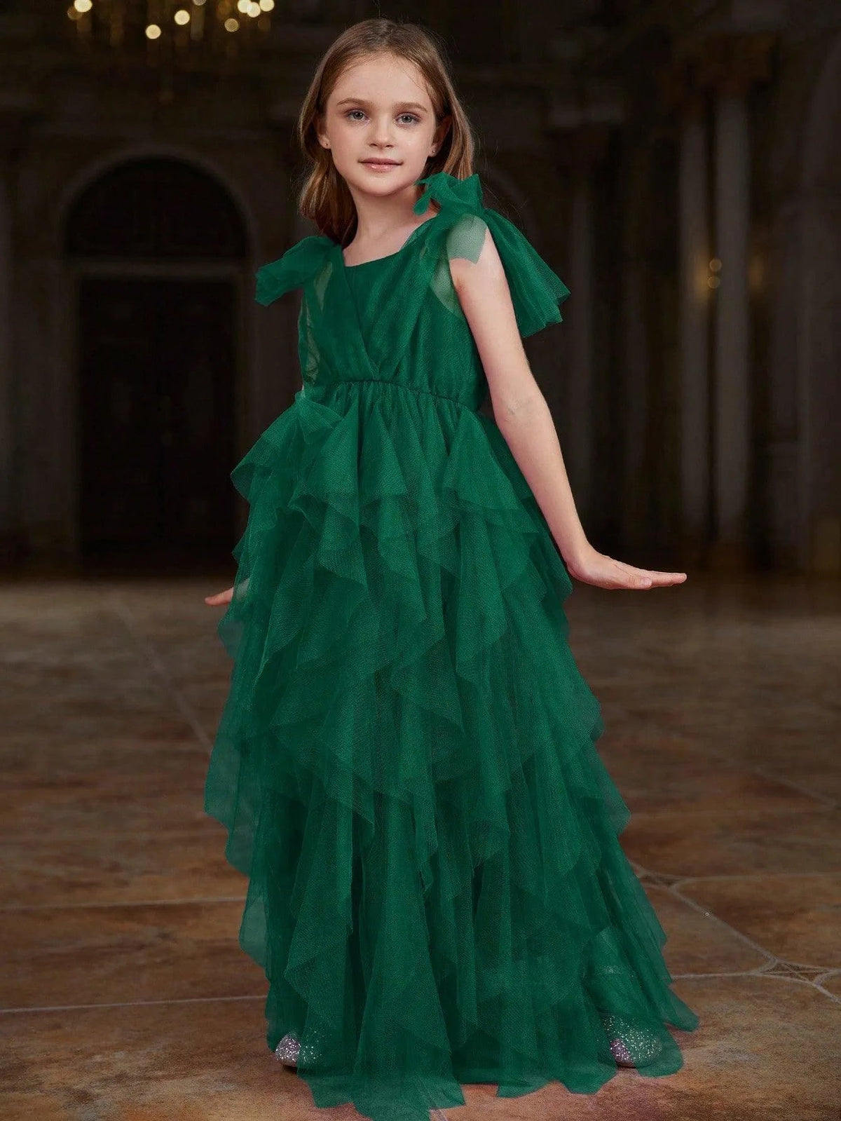 Additional product view of Mesh Overlay A-Line Sleeveless Maxi Tween Girls' Party Dress