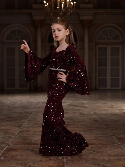 Additional product view of Bell-Sleeve Sweetheart-Neck Sequin Mermaid Maxi Tween Girls' Party Dress