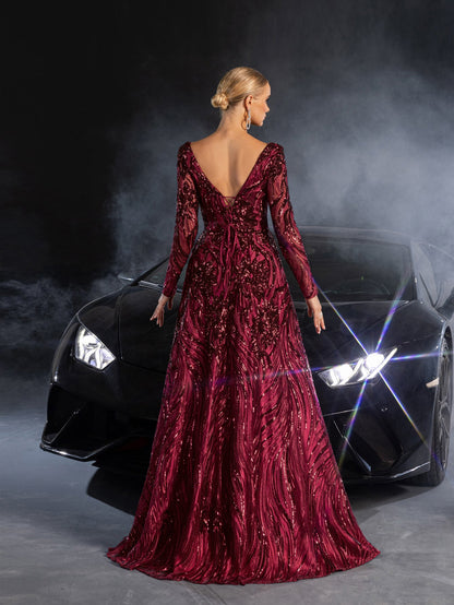 Elegant Plunging Neck Lace-up Back Graphic Sequin Formal Prom Dress