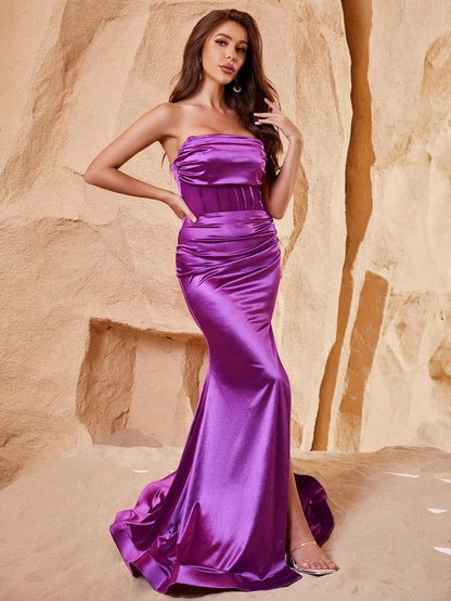 Tube Satin Slit Corset Prom Dress — authorized product image 3