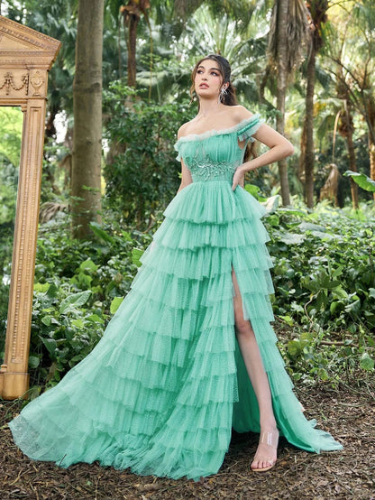 Gorgeous Off-Shoulder Applique Detail Bodice Cascading Ruffle Hem Prom Dress – view 5