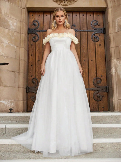 Off-Shoulder Satin Short-Sleeve A-Line Wedding Gown — authorized product image 1