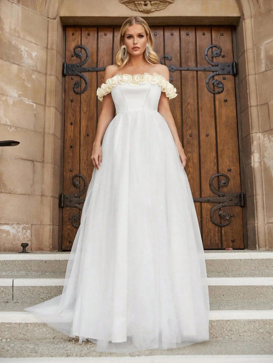 Off-Shoulder Satin Short-Sleeve A-Line Wedding Gown — authorized product image 1