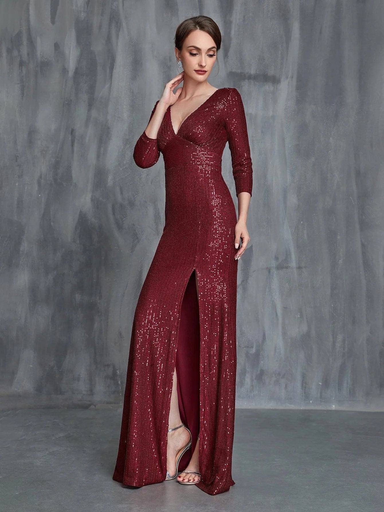 Women's Plunging Neck Split Sequin Formal Dress – view 6