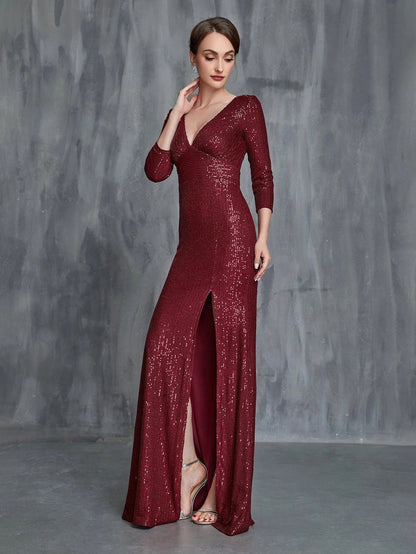 Women's Plunging Neck Split Sequin Formal Dress – view 6
