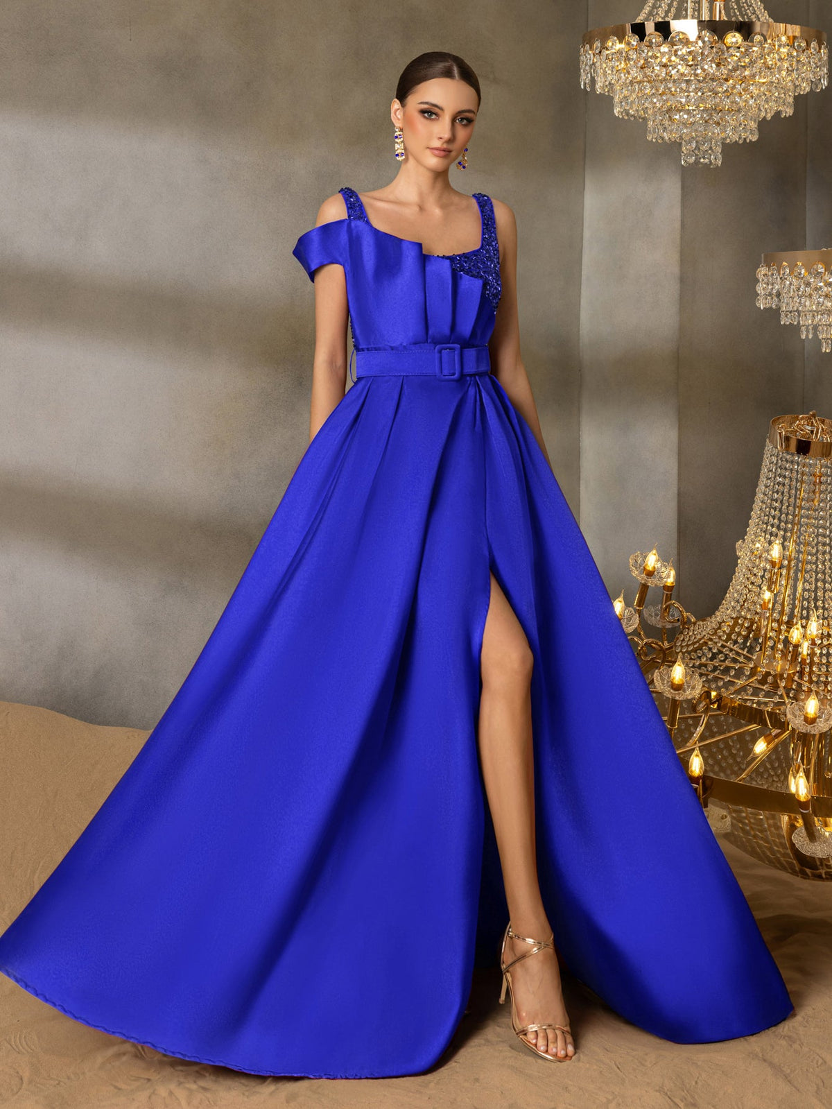 Elegant Square Collar Buckle Belted Split Satin Prom Dress