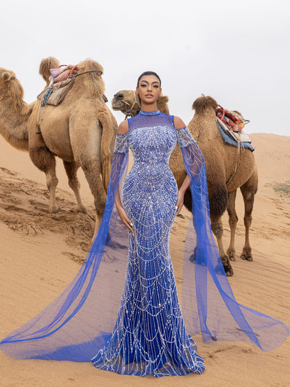 Luxury Gorgeous Rhinestone Detail Cape Sleeves Mermaid Hem Beaded Seuqin Evening Dress – view 17