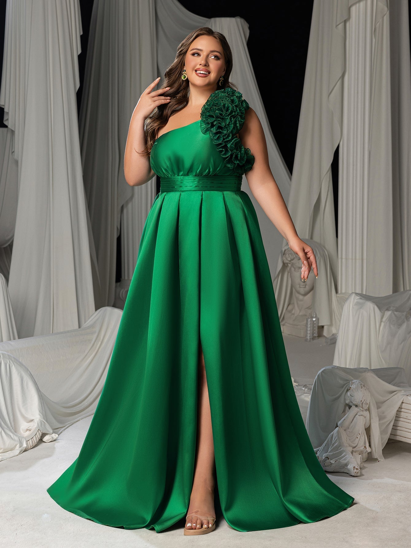 Plus Women's One-Shoulder Formal Dress | Statement Ruffle Trim Accent | Corset Back & High Split – view 7