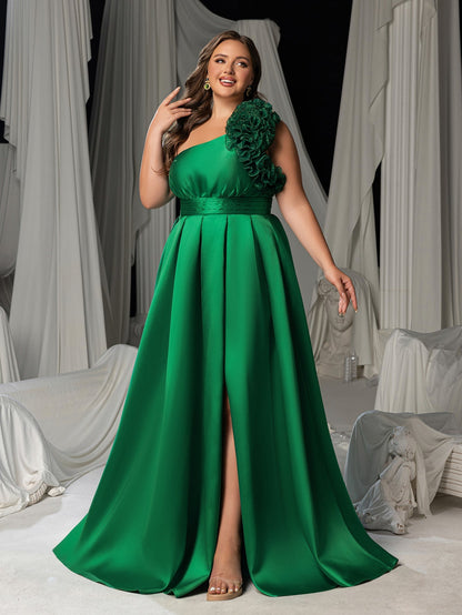 Plus Women's One-Shoulder Formal Dress | Statement Ruffle Trim Accent | Corset Back & High Split – view 7