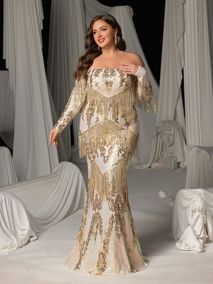 Plus Gorgeous Fringed Trim Off-Shoulder Mermaid Hem Sequin Formal Dress Evening Gown – view 4