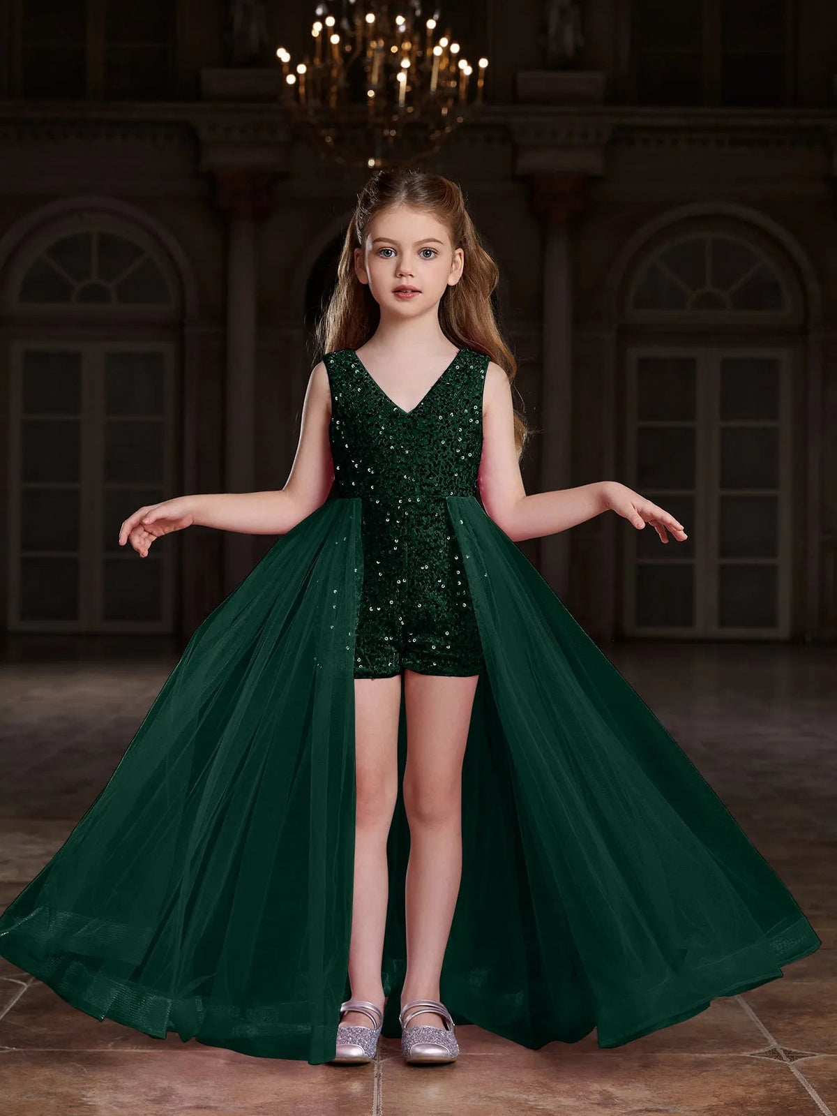 Alternate view of Mesh Overlay V-Neck Sequin Sleeveless Tween Girls' Formal Romper in Dark Green