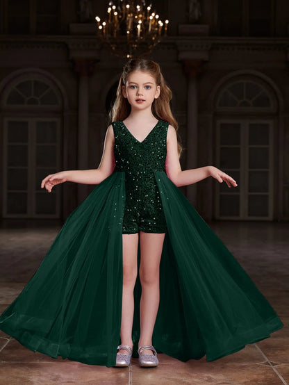 Alternate view of Mesh Overlay V-Neck Sequin Sleeveless Tween Girls' Formal Romper in Dark Green