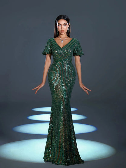 Elegant Sequin Butterfly Sleeves Mermaid Hem Evening Dress – view 3