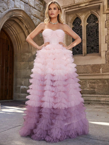 Mesh Strapless Sleeveless A-Line Maxi Wedding Dress in Pink