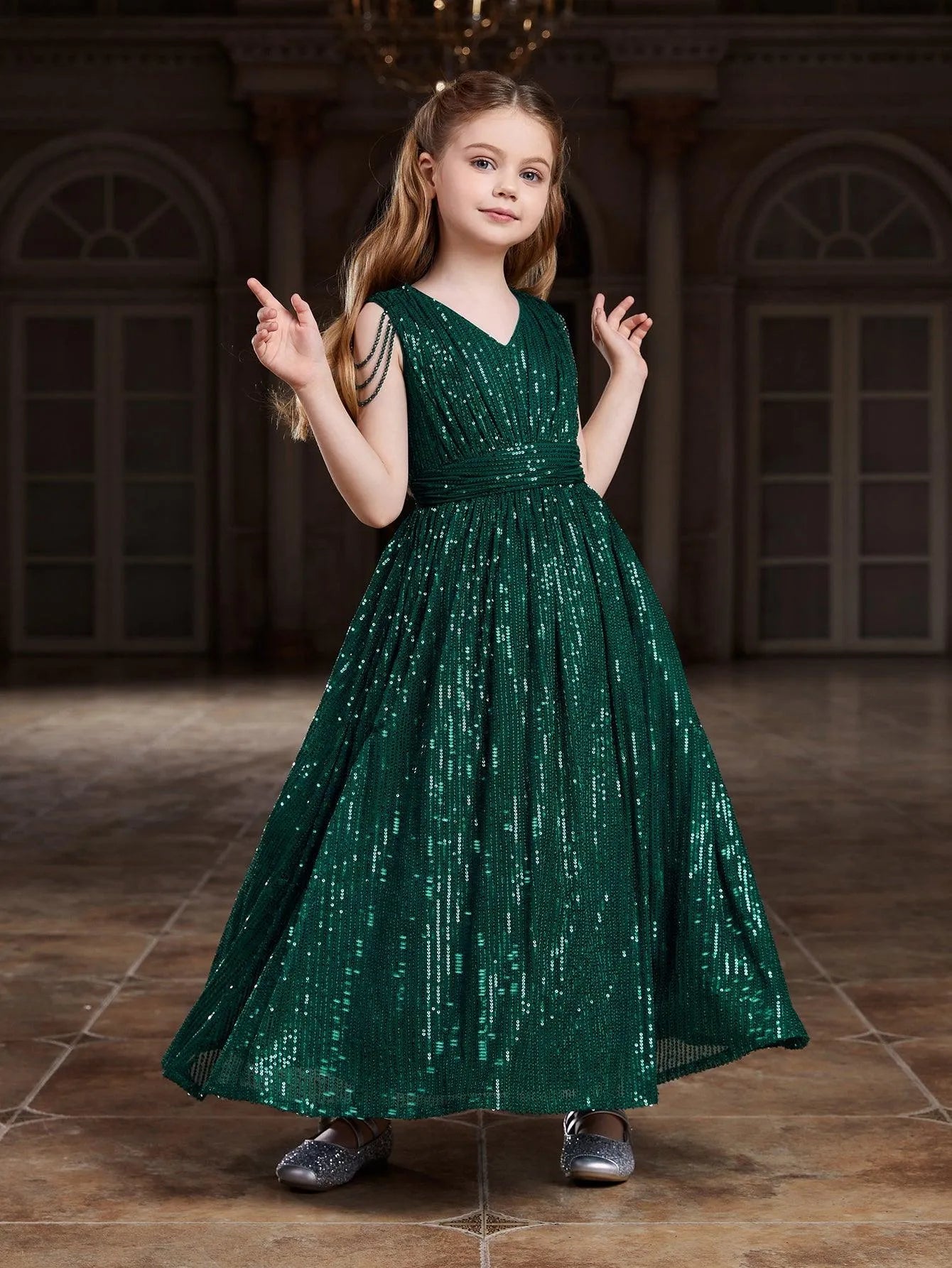 V-Neck Sequin A-Line Sleeveless Maxi Tween Girls' Party Dress in Dark Green