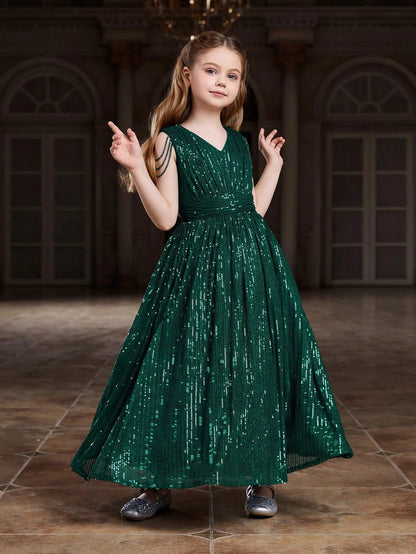 V-Neck Sequin A-Line Sleeveless Maxi Tween Girls' Party Dress in Dark Green